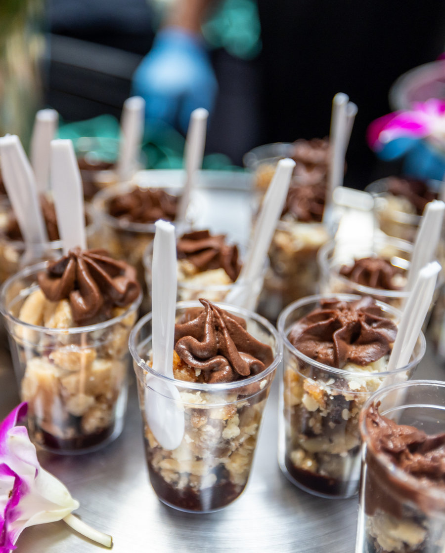 Individual plated desserts arranged at a catered Louisville event